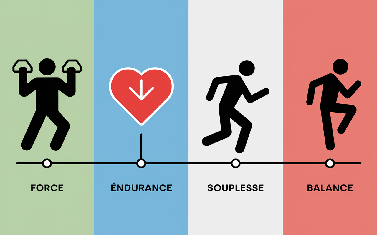 Pictogrammes force endurance souplesse composition corporelle fitness