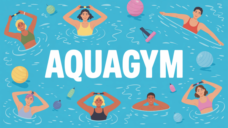 Illustration aquagym piscine silhouettes accessoires flottants