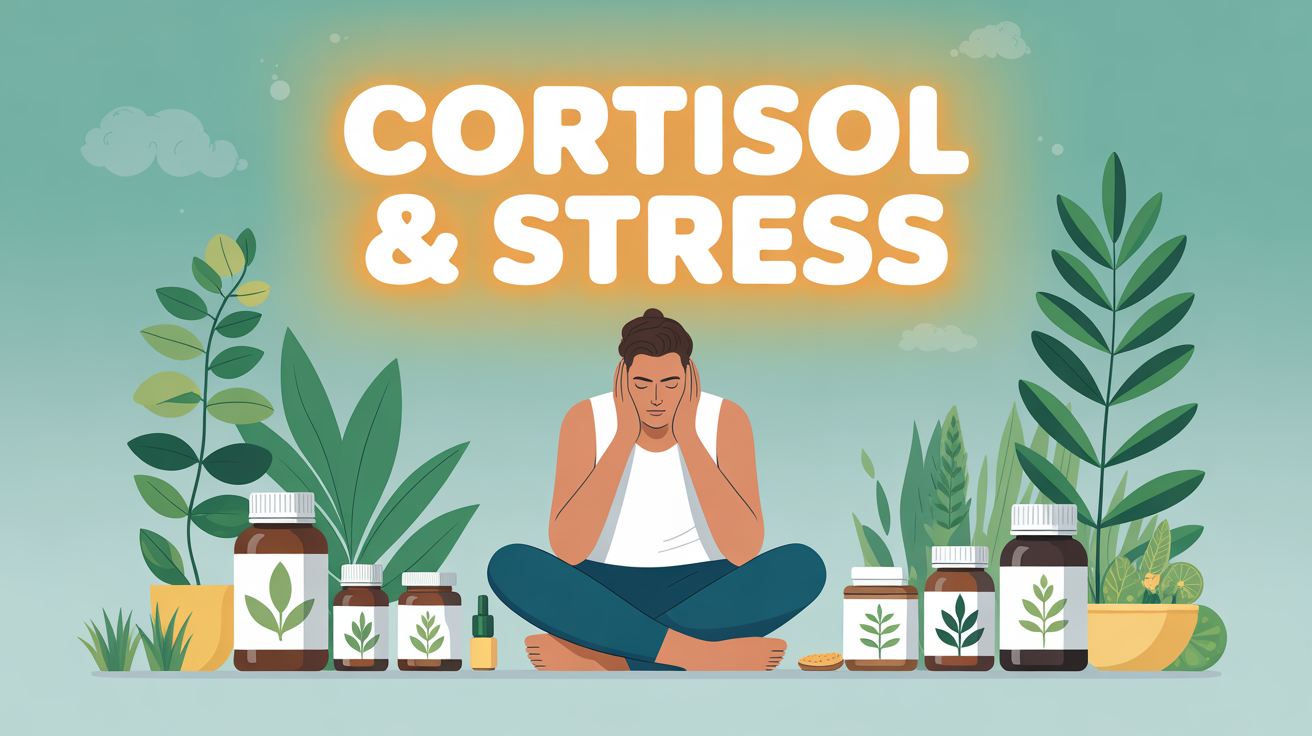 Personnage et plantes autour de flacons supplements anti-cortisol