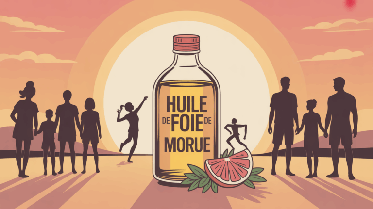 huile de foie de morue bouteille cercle lumineux famille sportif