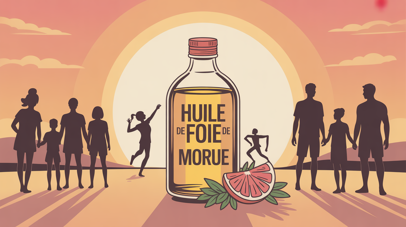 huile de foie de morue bouteille cercle lumineux famille sportif