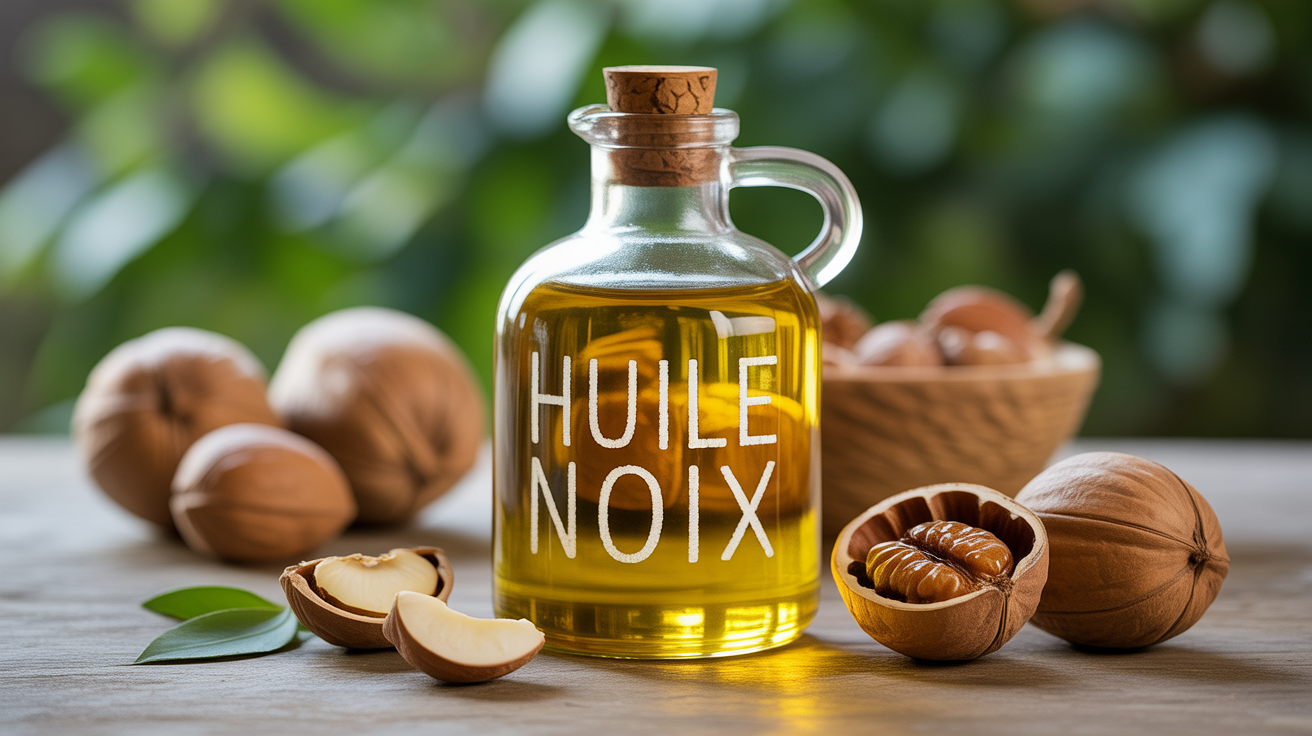 Huile de noix bio bouteille verre foncé éclats noix sur table