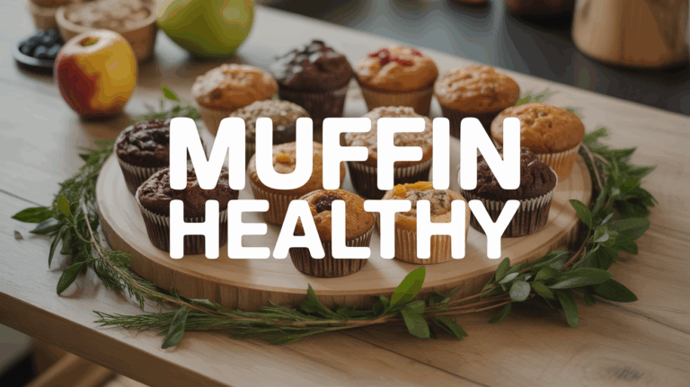 Muffins healthy sur plateau bois, fruits et graines