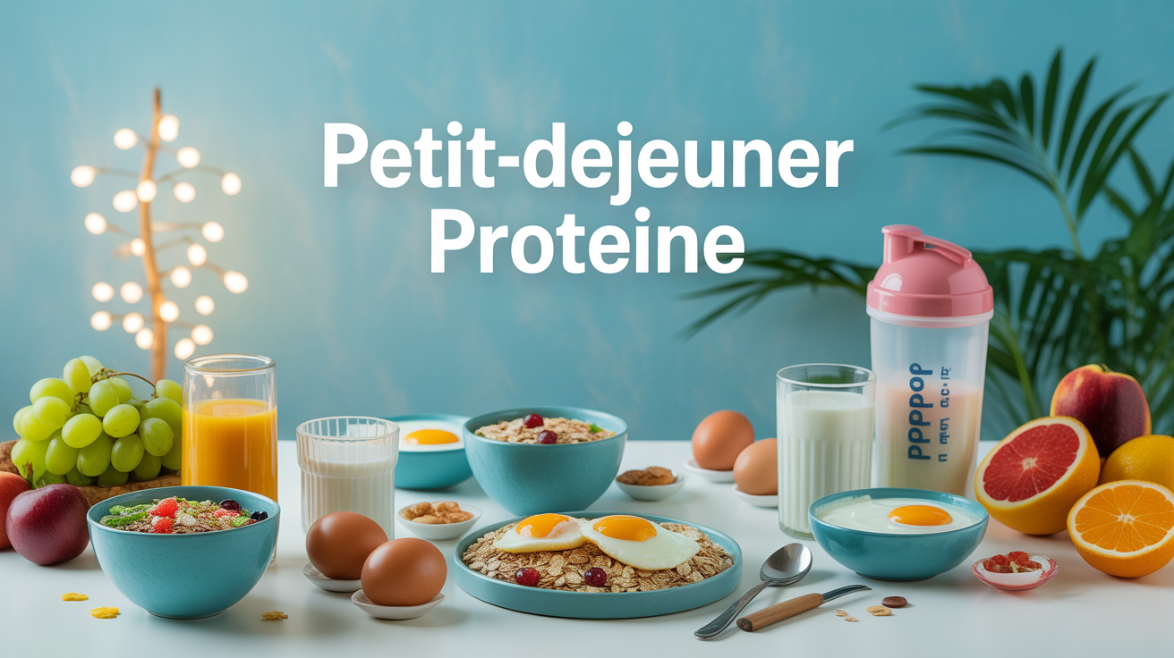 table petit dejeuner proteine avec oeufs muesli yaourt fruits shaker