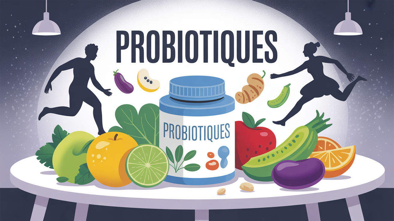 boite de probiotiques sur table avec fruits et legumes