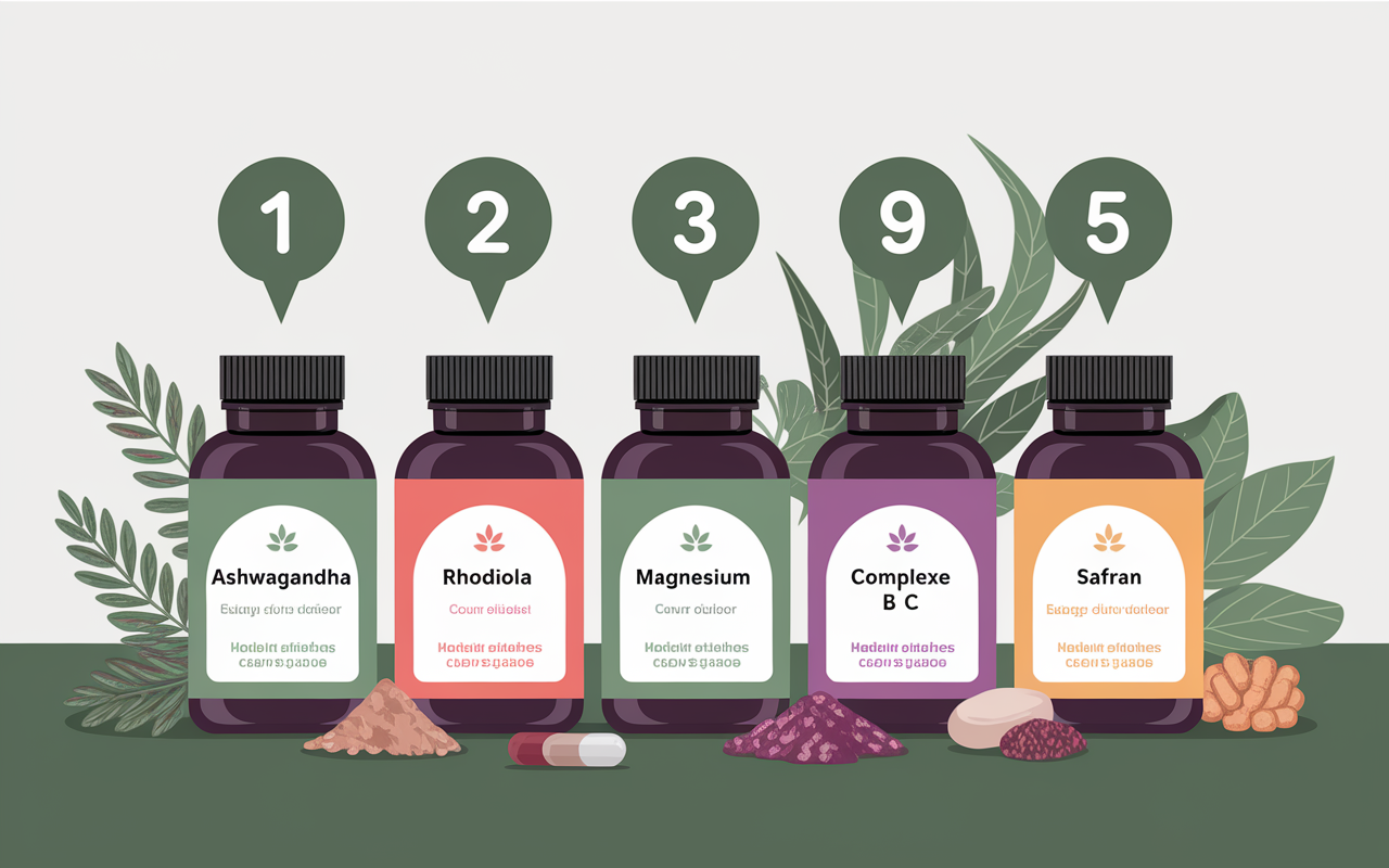 Flacons ashwagandha rhodiola magnesium complexe B C safran tableau