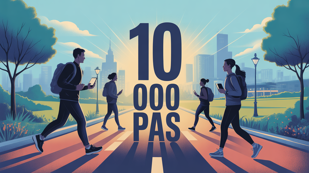 illustration marche 10 000 pas ville parc smartwatch smartphone