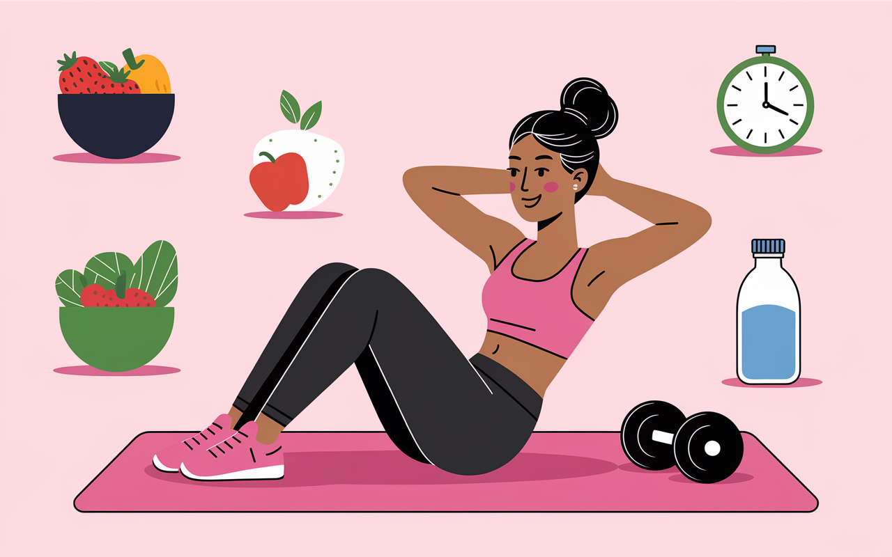 Femme planche au sol, abdos, icons nutrition et chrono