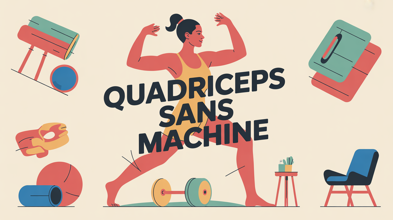 Quadriceps sans machine, femme stylisée faisant exercices jambes avec élastique, chaise, tabouret