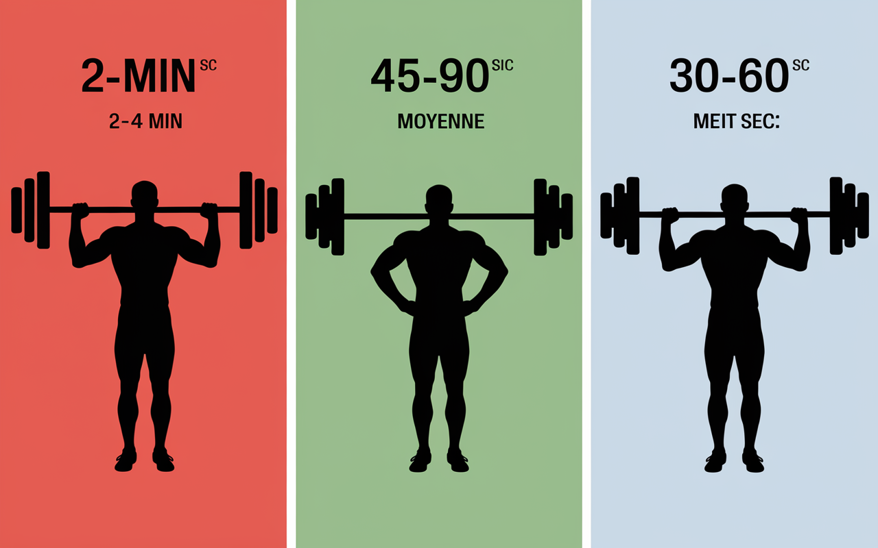 Trois zones pause musculation force volume endurance avec temps indiqués