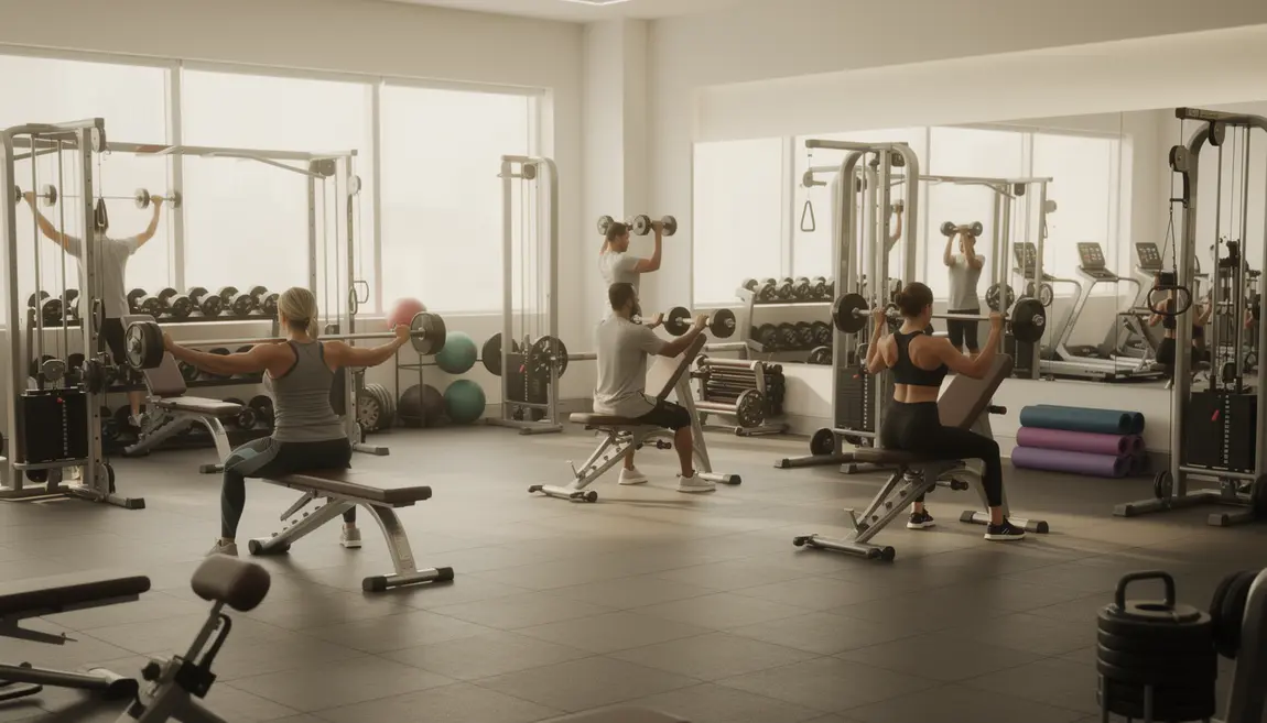Renforcement du dos en salle de sport avec haltères, élastiques et machines