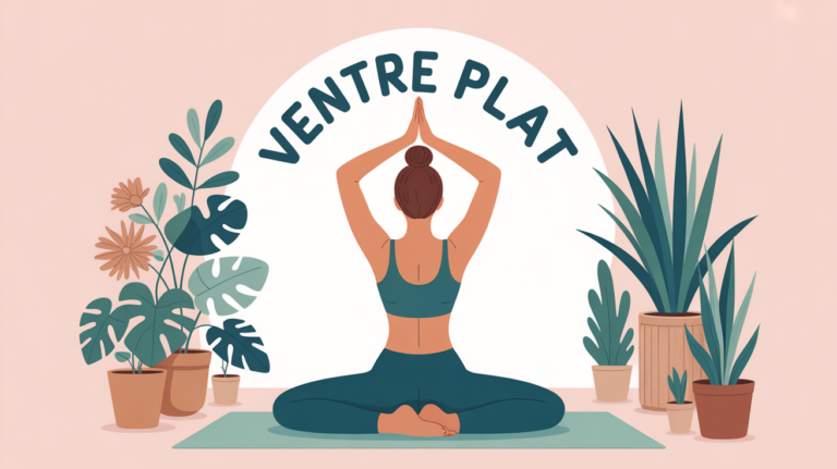 Femme de dos sur tapis de yoga, vegetation, titre ventre plat