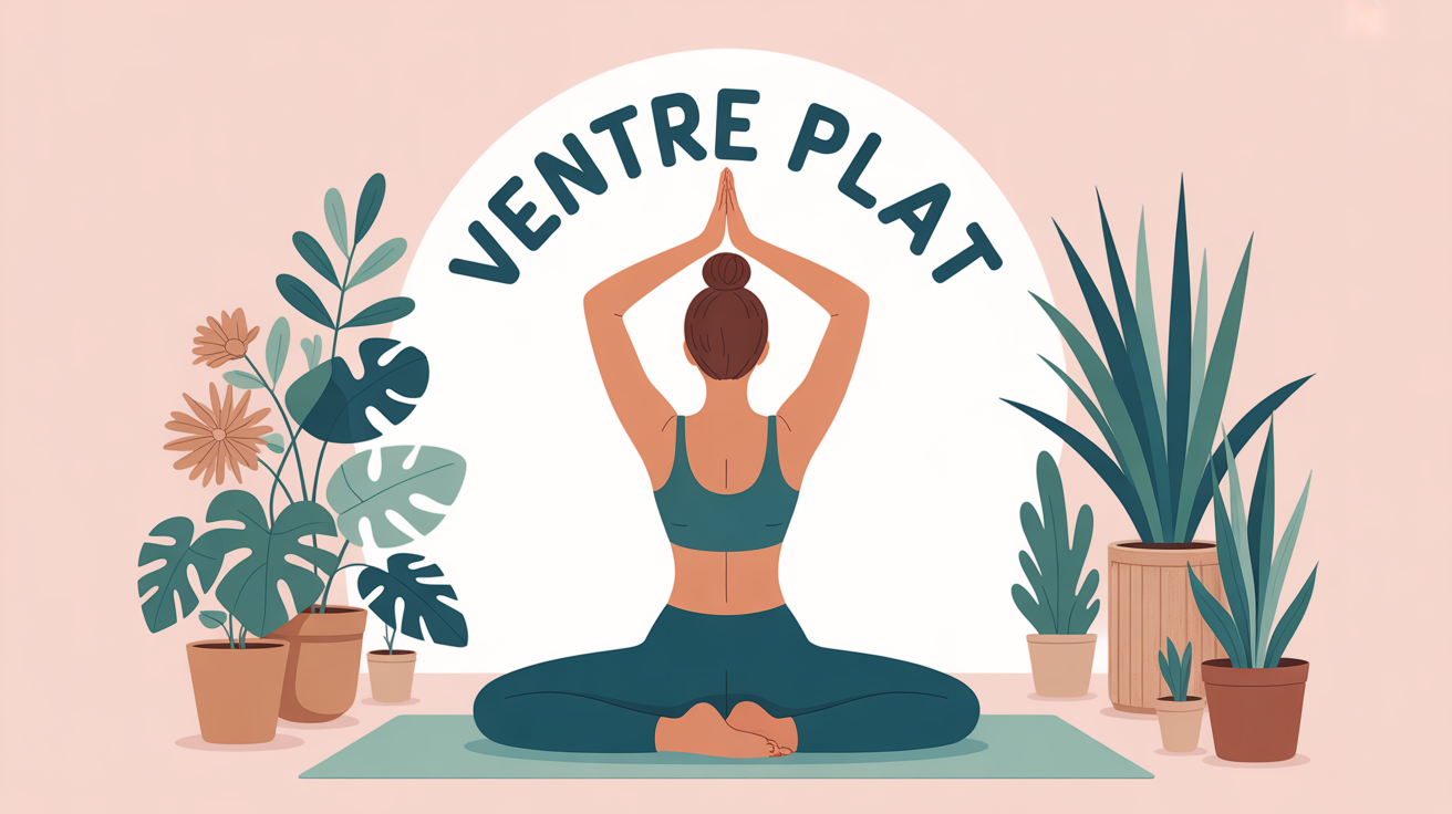 Femme de dos sur tapis de yoga, vegetation, titre ventre plat