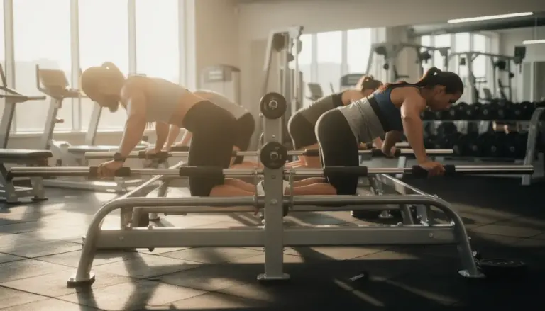 Personnes effectuant des dips sur barres paralleles en salle de musculation