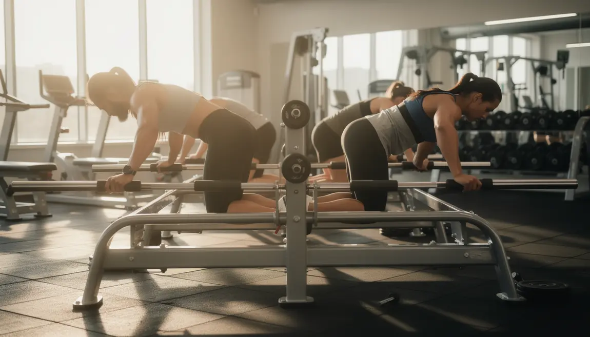 Personnes effectuant des dips sur barres paralleles en salle de musculation