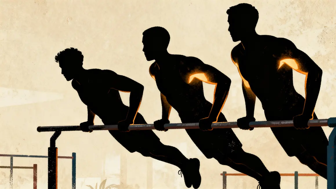 Silhouettes executant dips, zones de triceps, pectoraux et epaules illuminees