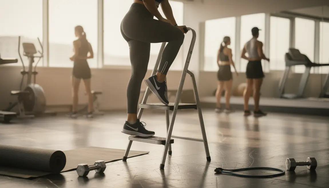 Personne effectuant une elevation mollets sur escabeau, ambiance salle de sport