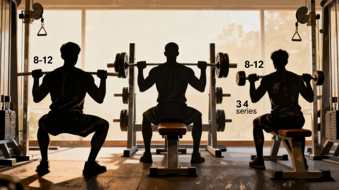 squat développé couché rowing haltères homme musculation