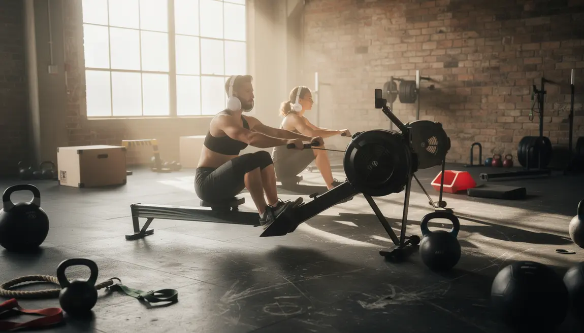 Photo réaliste d'un rameur moderne en salle de sport, optimisation entraînement