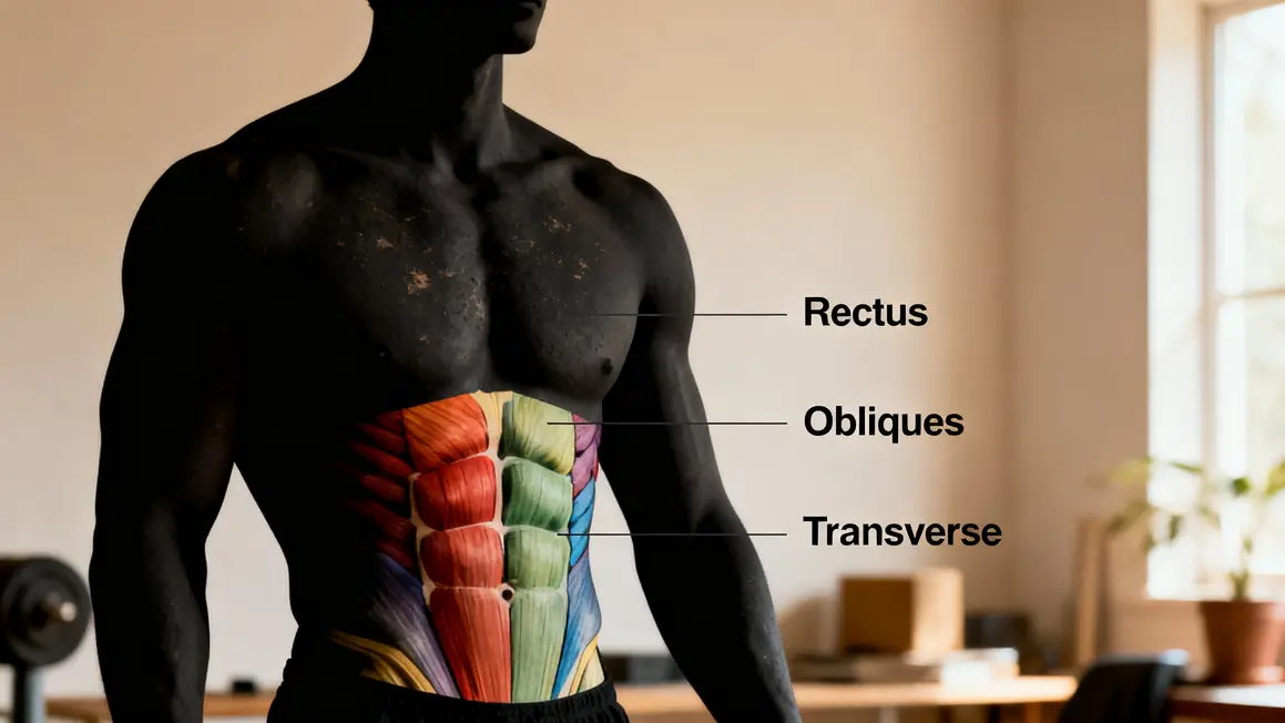 Schéma groupes musculaires abdominaux colorés