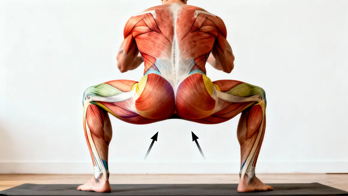 Schéma squat, muscles couleur, anatomie quadriceps fessiers ischio jambiers