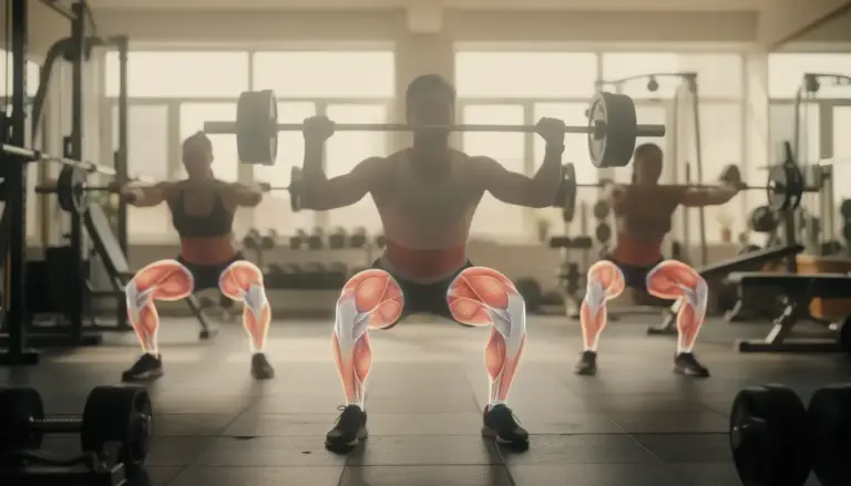 Squat, muscles en surbrillance, analyse anatomique salle de sport
