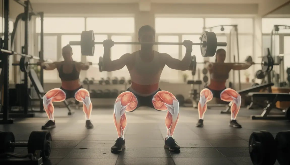 Squat, muscles en surbrillance, analyse anatomique salle de sport