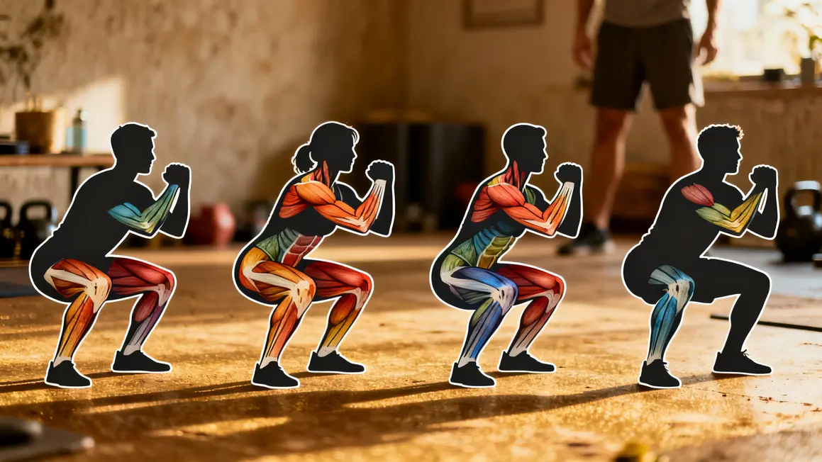 Infographie variantes squat, muscles sollicités classique front sumo bulgare