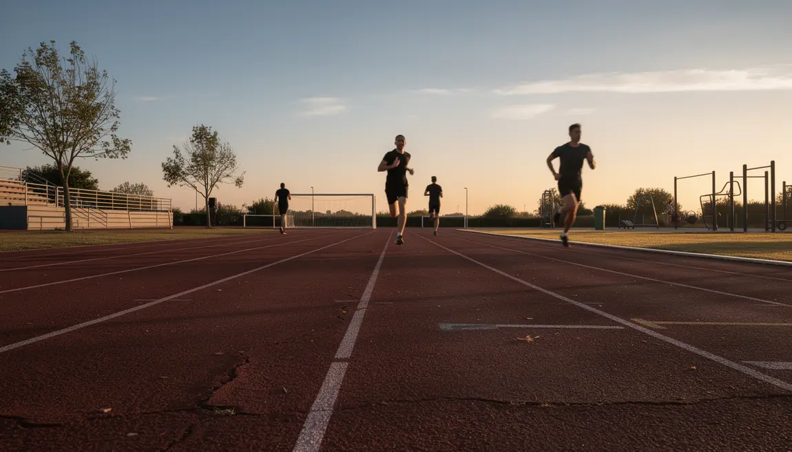 Piste athlétisme extérieur lever soleil silhouettes cardio