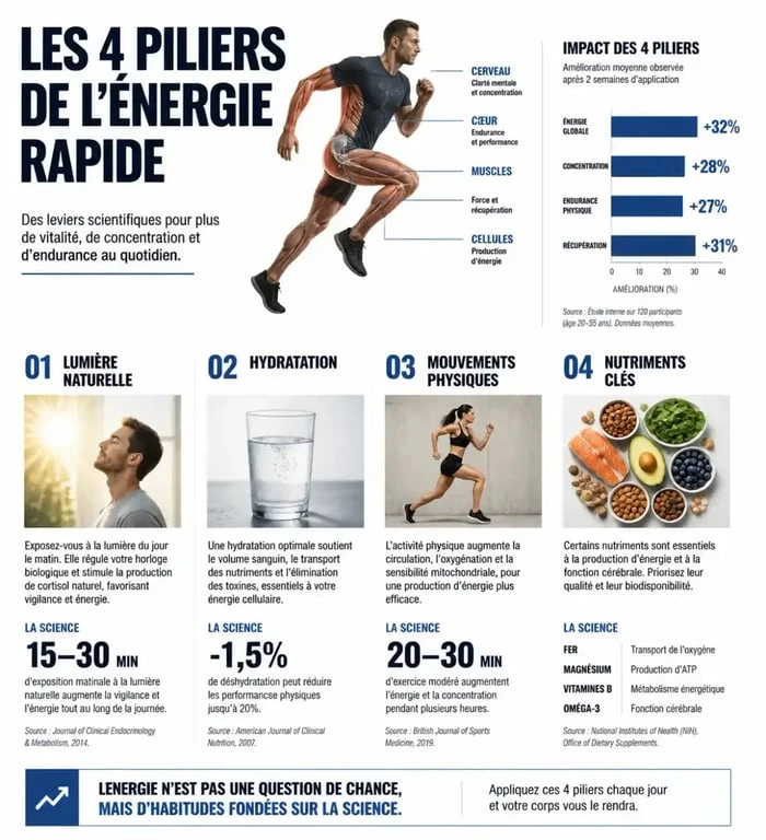 Infographie sur comment avoir de l'énergie rapidement : conseils santé et nutrition