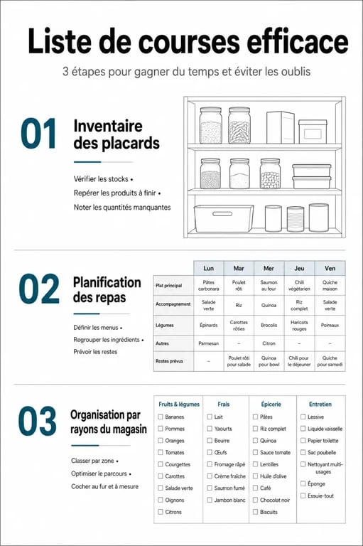 Infographie montrant les étapes pour créer une liste de courses alimentaires organisée et efficace