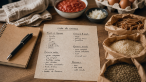 Liste courses alimentaires sur feuille papier recyclé, table bois clair