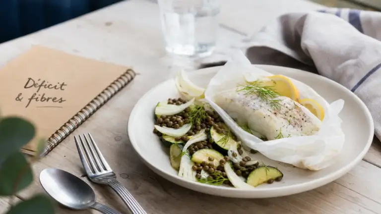 Recette pour maigrir le ventre : fibres et protéines, salade tiède et cabillaud en papillote