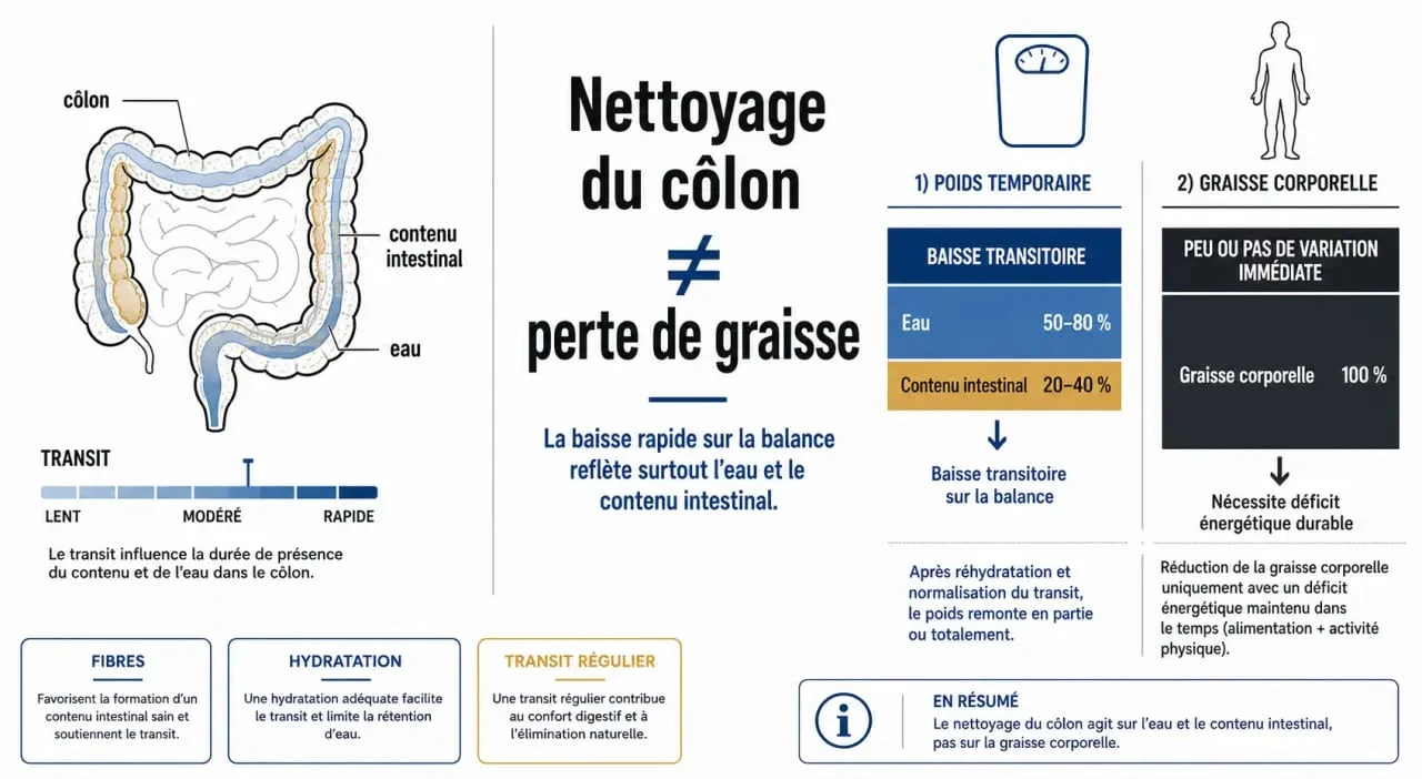 Schéma du nettoyage du côlon et perte de poids montrant la différence entre contenu intestinal, eau et graisse corporelle