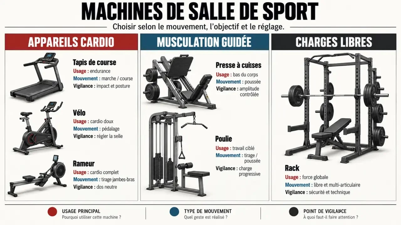 Infographie présentant les principales machines de salle de sport et leurs usages