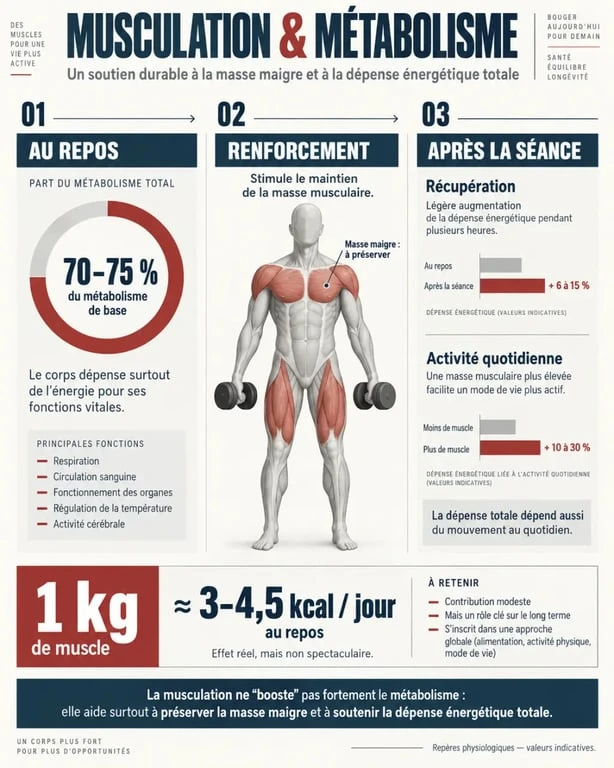 Schéma sur le métabolisme et musculation montrant la masse musculaire, la dépense au repos et la récupération