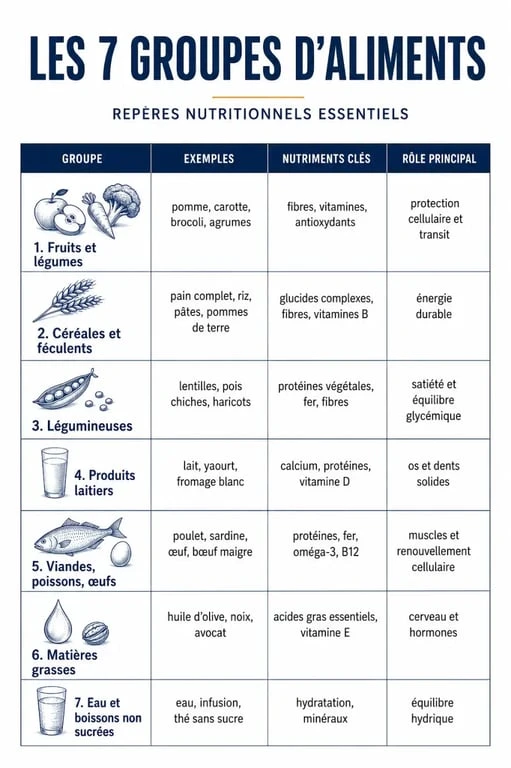 Les 7 groupes d aliments tableau sous forme de visuel synthétique avec exemples, nutriments clés et rôle principal