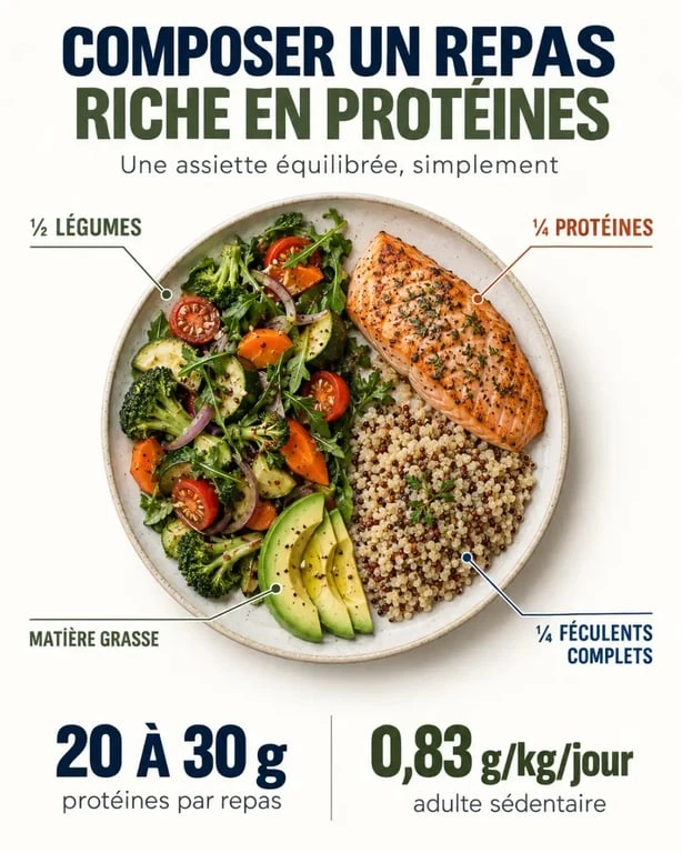 Repas riche en proteine avec une assiette équilibrée et des repères d’apport protéique