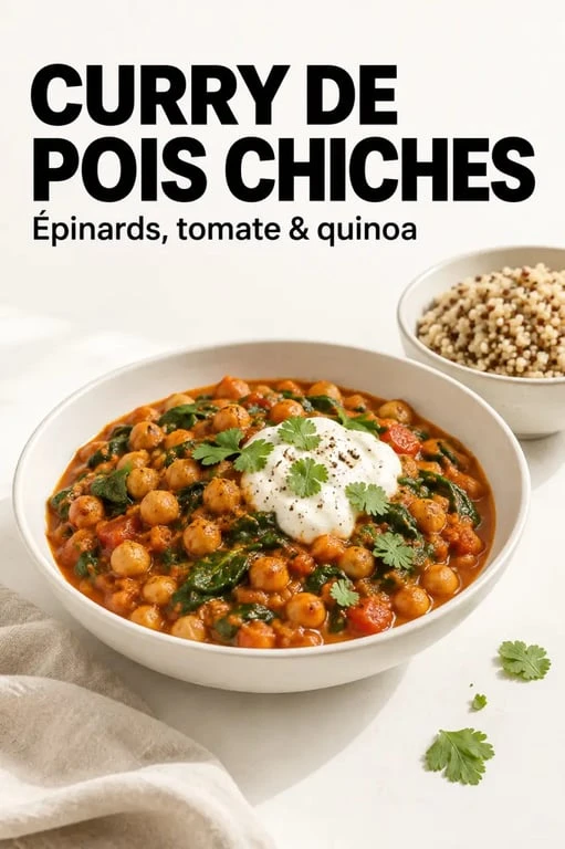 Repas riche en proteine avec curry de pois chiches, épinards et yaourt grec