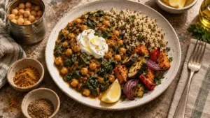 Repas riche en proteine : assiette équilibrée aux pois chiches et quinoa