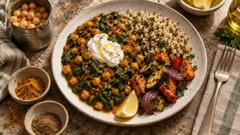 Repas riche en proteine : assiette équilibrée aux pois chiches et quinoa