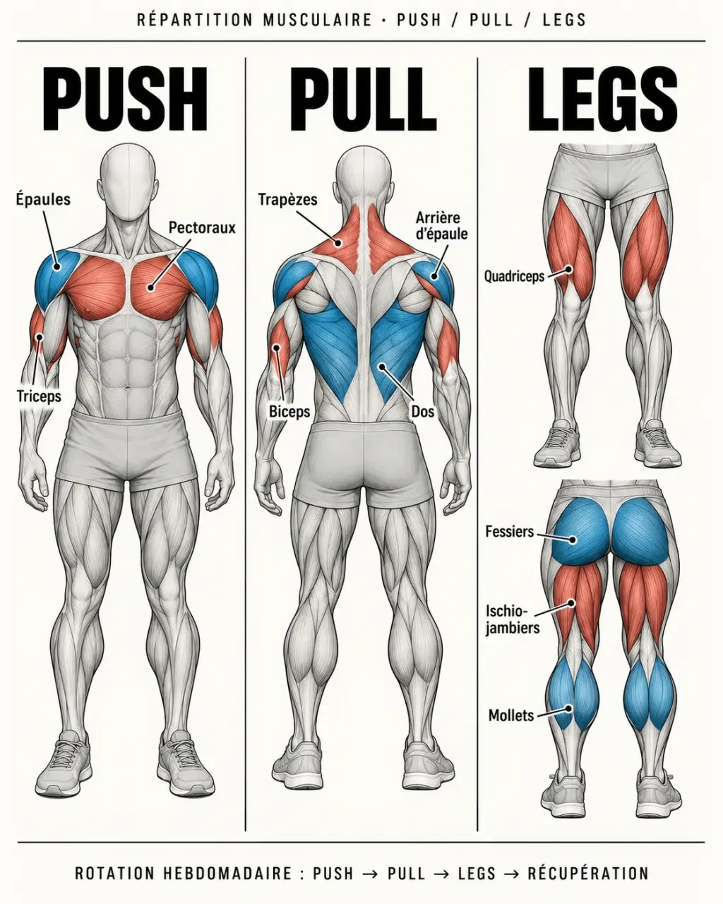 Infographie push pull legs avec la répartition des muscles entre séances push, pull et legs