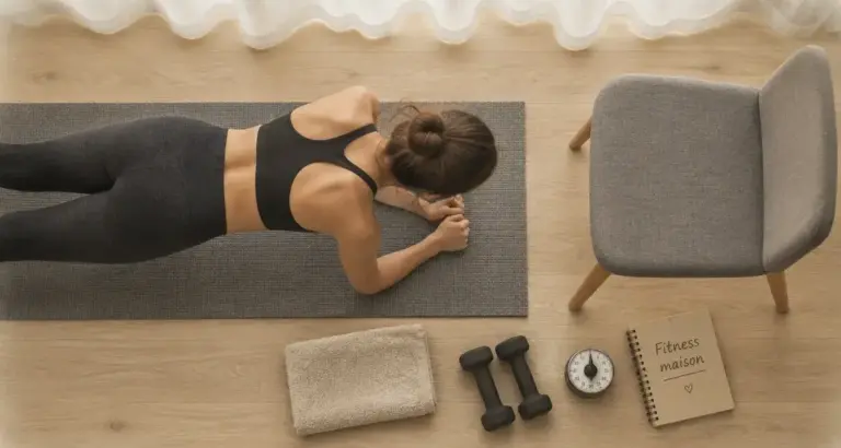 Femmes fitness : gainage maison sur tapis, mini-haltères et minuteur