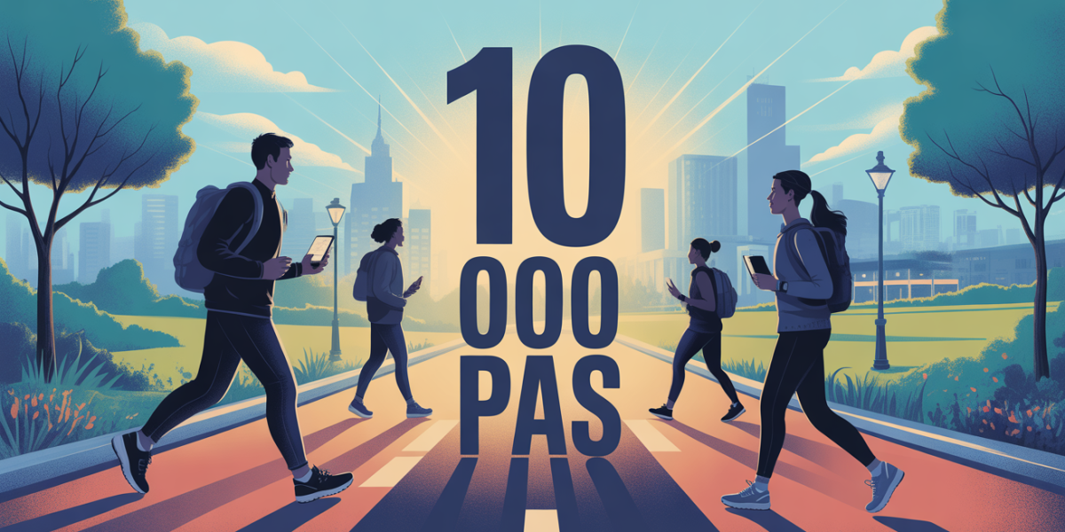 illustration marche 10 000 pas ville parc smartwatch smartphone