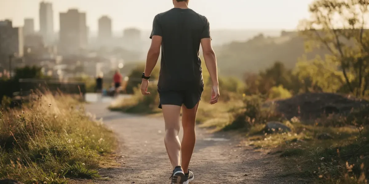 Silhouette marchant avec bracelet connecté sur chemin, suivi 30000 pas