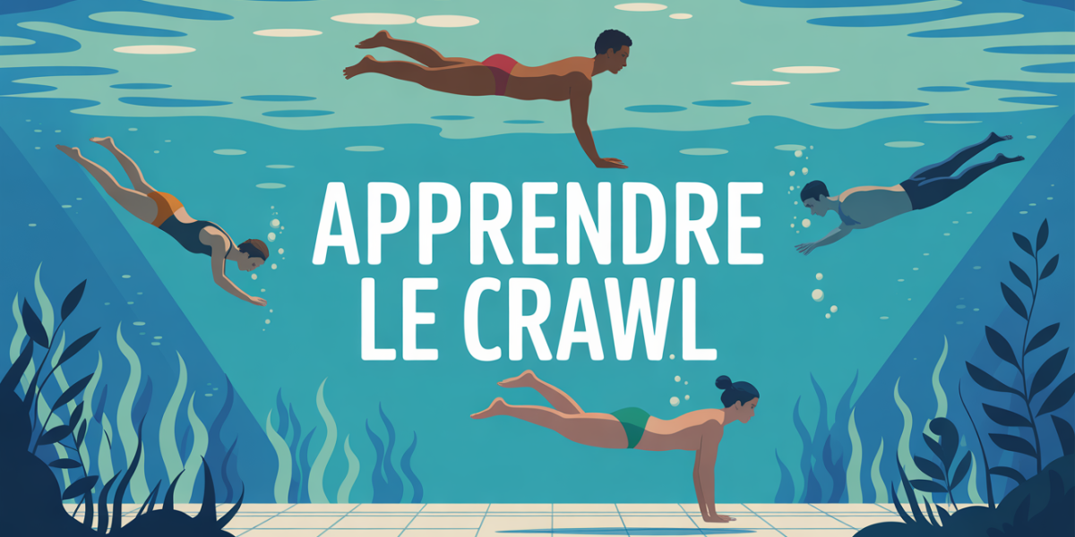 Silhouettes nageant le crawl dans une piscine stylisee