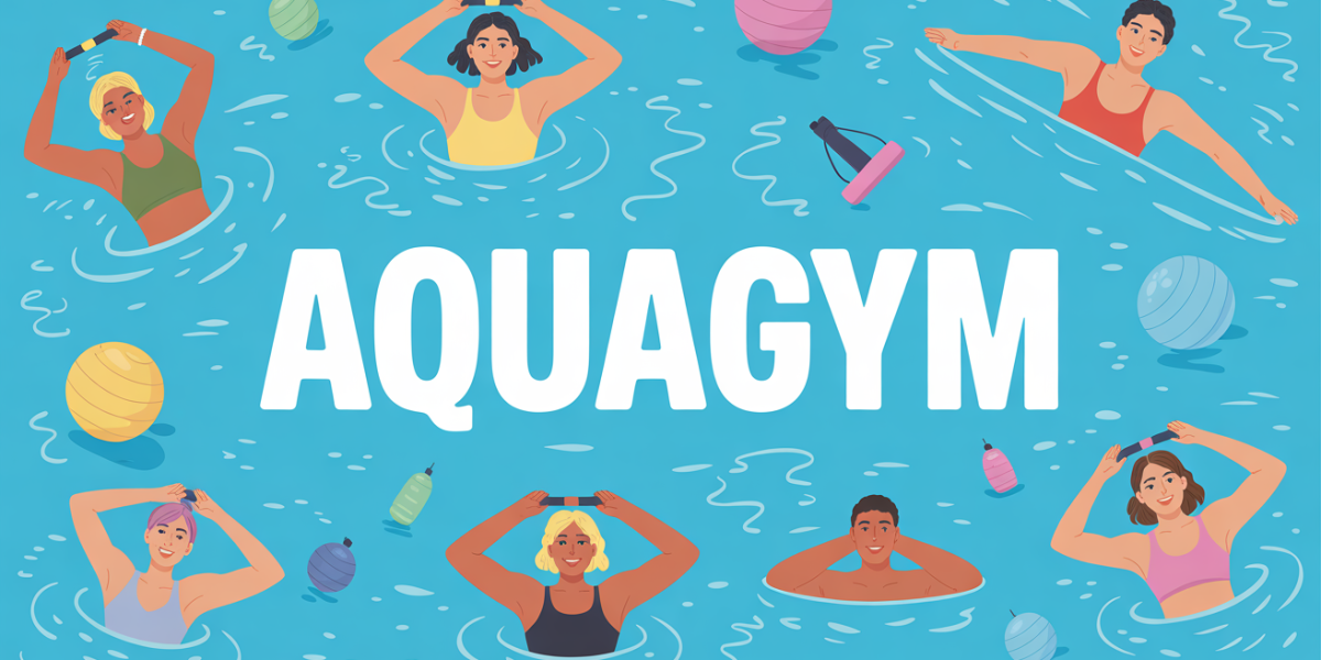 Illustration aquagym piscine silhouettes accessoires flottants