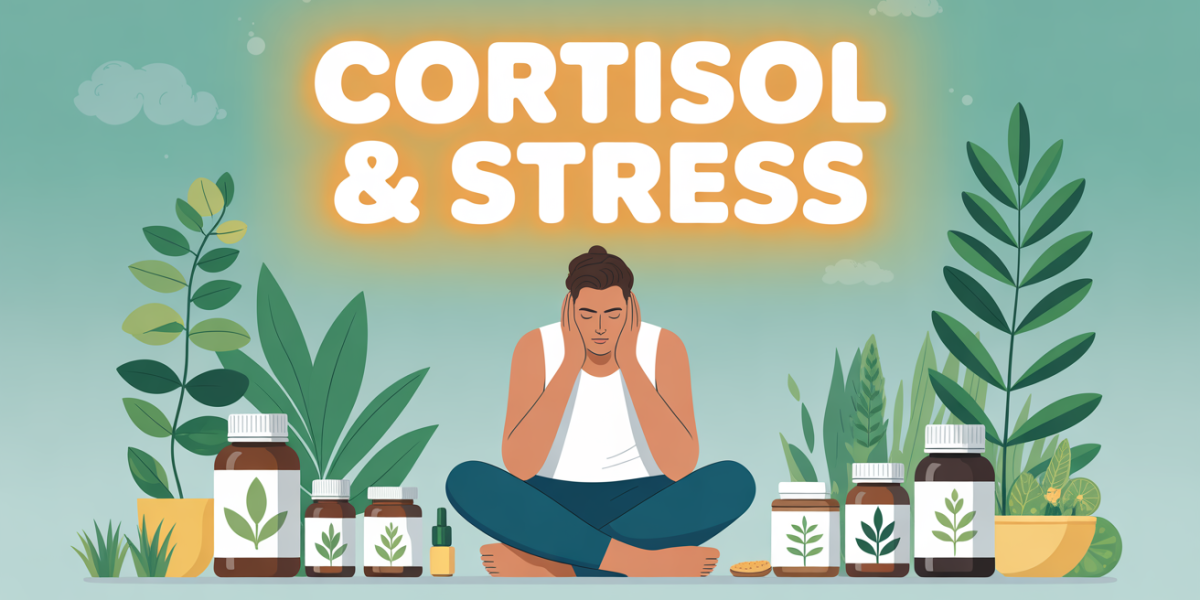 Personnage et plantes autour de flacons supplements anti-cortisol