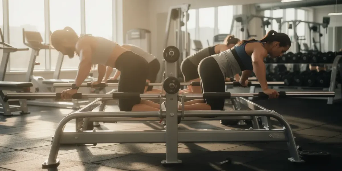 Personnes effectuant des dips sur barres paralleles en salle de musculation