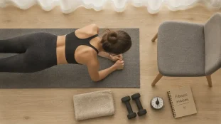 Femmes fitness : gainage maison sur tapis, mini-haltères et minuteur